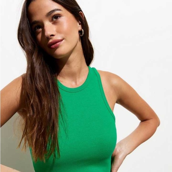 NWT F21 green rib knit  ruched side body‎ con dress - Picture 2 of 7